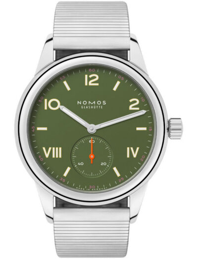 Nomos Club Campus All Olive wristwatch with stainless steel case, olive green dial, steel bracelet.