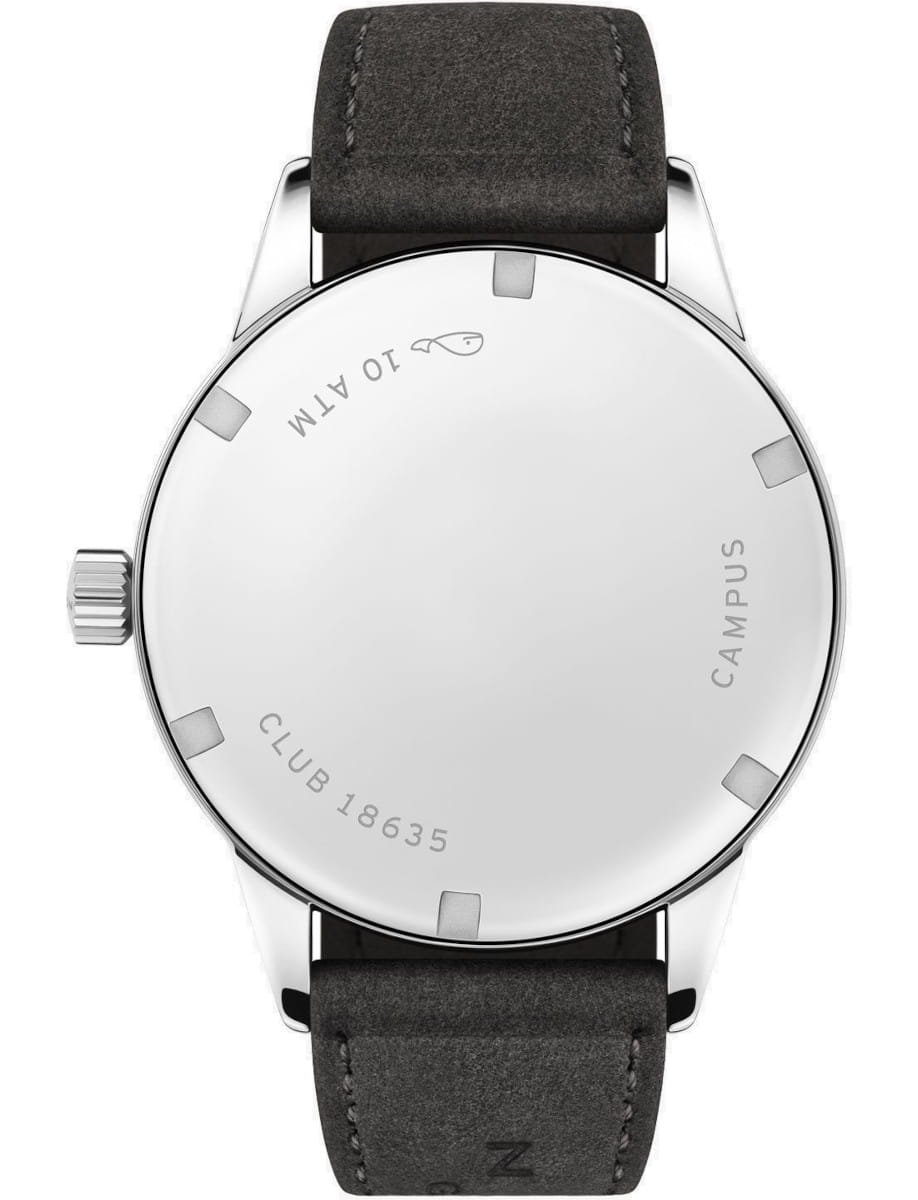Nomos Club Campus All Olive wristwatch with stainless steel case, solid case back, steel bracelet.