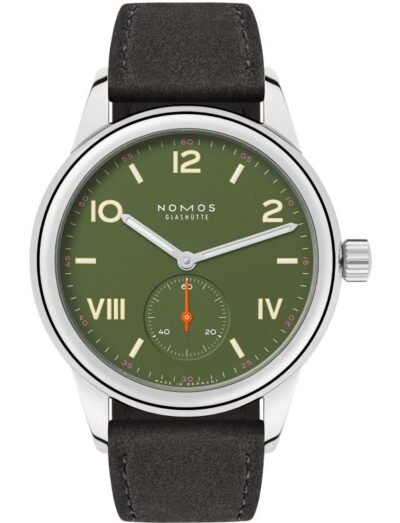 Nomos Club Campus All Olive wristwatch with stainless steel case, olive green dial, Vegan velour remborde anthracite strap.