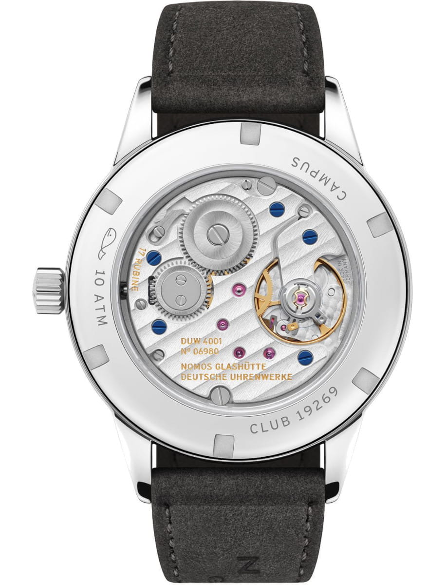 Back view of Nomos Club Campus All Olive wristwatch with stainless steel case, open case back, Vegan velour remborde anthracite strap.