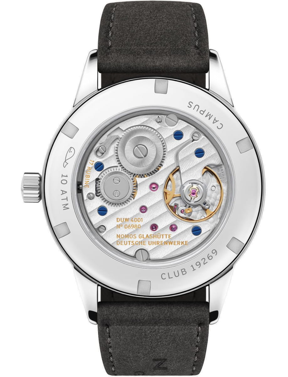 Nomos Club Campus All Olive wristwatch with stainless steel case, sapphire case back, sport steel bracelet.