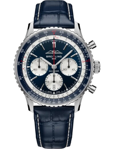 Breitling Navitimer wristwatch with stainless steel case, blue dial, and blue alligator leather strap.