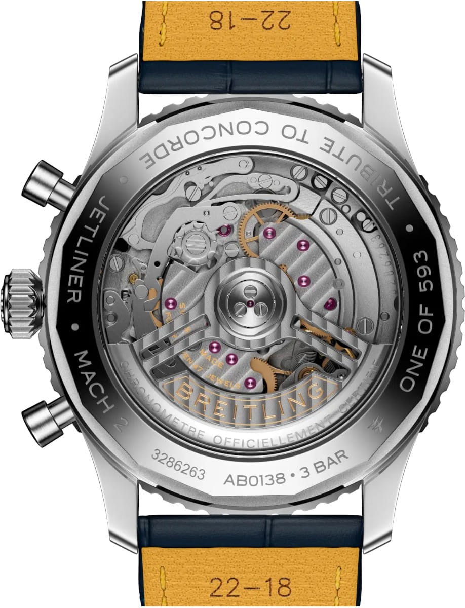 Back view of Breitling Navitimer wristwatch with stainless steel case, open caseback, and blue alligator leather strap.