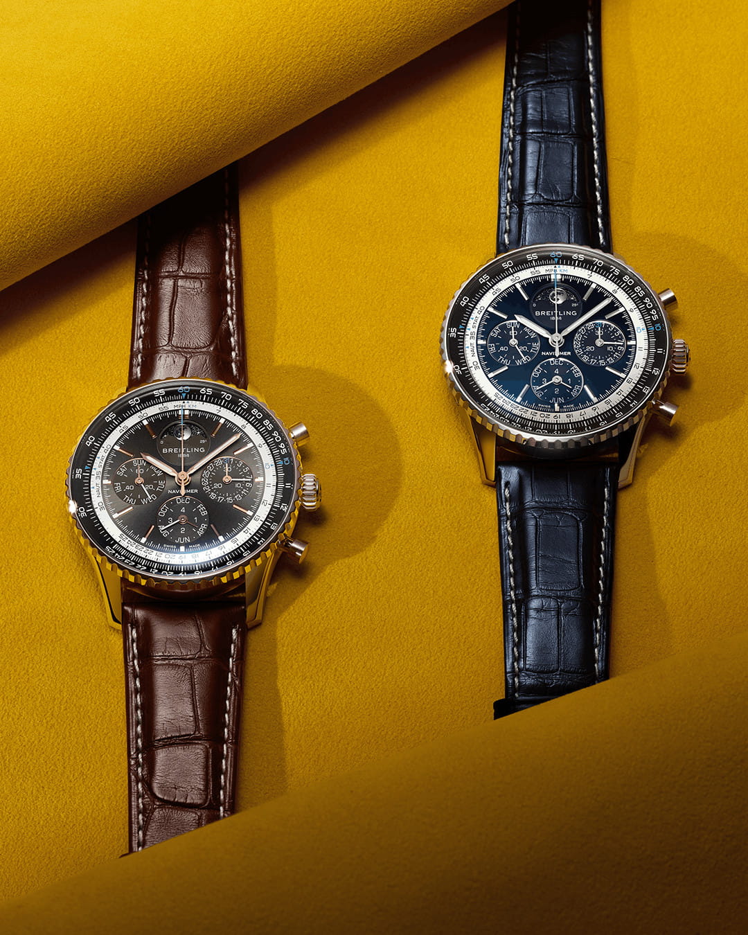 Hotlist image for Breitling Navitimer wristwatch with stainless steel case, blue dial, and blue alligator leather strap.