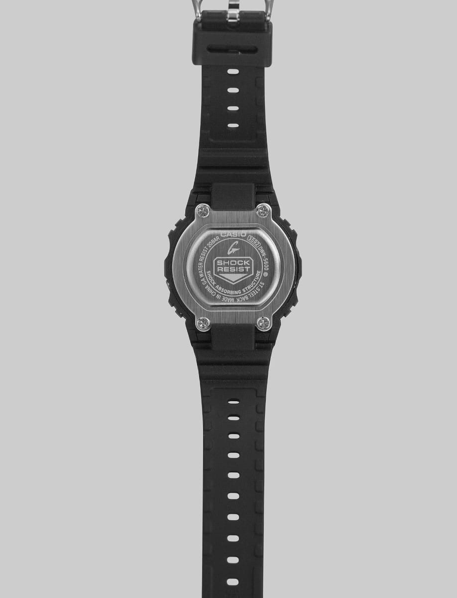 Night view of G-Shock wristwatch with resin and bio-based resin case and bracelet, and digital display.