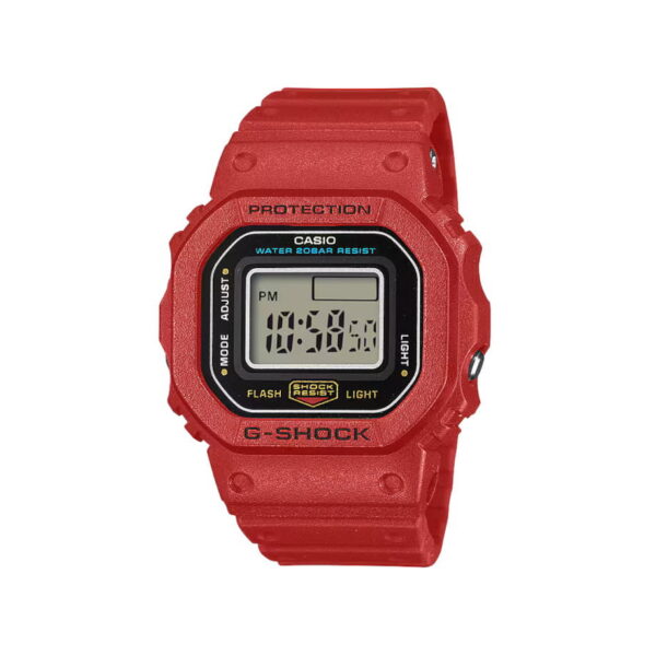 G-Shock wristwatch with red resin and bio-based resin case and bracelet, and digital display. | Feldmar Watch Co. G-Shock wristwatch with red resin and bio-based resin case and bracelet, and digital display.