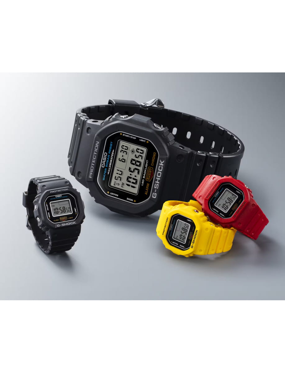 G-Shock wristwatches with resin and bio-based resin case and bracelet, and digital display.