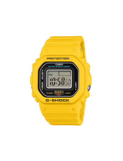 G-Shock wristwatch with yellow resin and bio-based resin case and bracelet, and digital display.