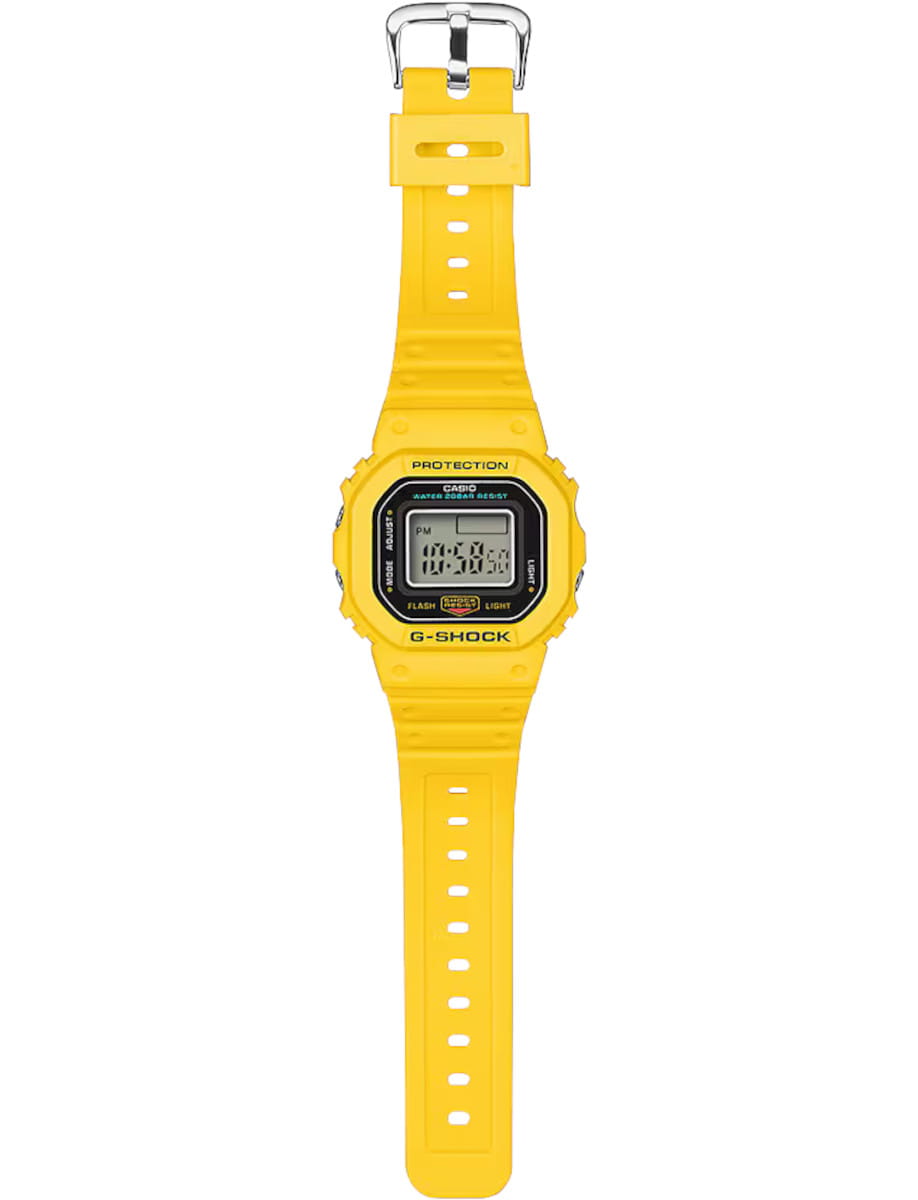Full view of G-Shock wristwatch with yellow resin and bio-based resin case and bracelet, and digital display.