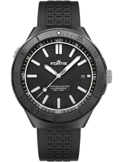 Fortis wristwatch with DLC Dianoir® and regular Stainless Steel case, Black dial with Fortis O-pattern with applied Superluminova®X1 Markers, and Hypoallergenic FKM rubber strap.