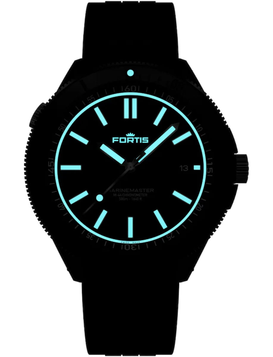 Night view of Fortis wristwatch with DLC Dianoir® and regular Stainless Steel case, Black dial with Fortis O-pattern with applied Superluminova®X1 Markers, and Hypoallergenic FKM rubber strap.