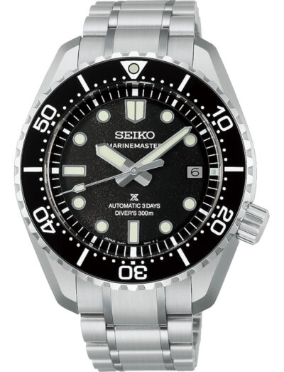 Seiko Prospex wristwatch with stainless steel case and bracelet, and black dial.