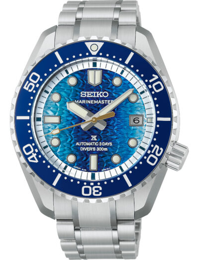 Seiko Prospex wristwatch with stainless steel case and bracelet, and blue dial.
