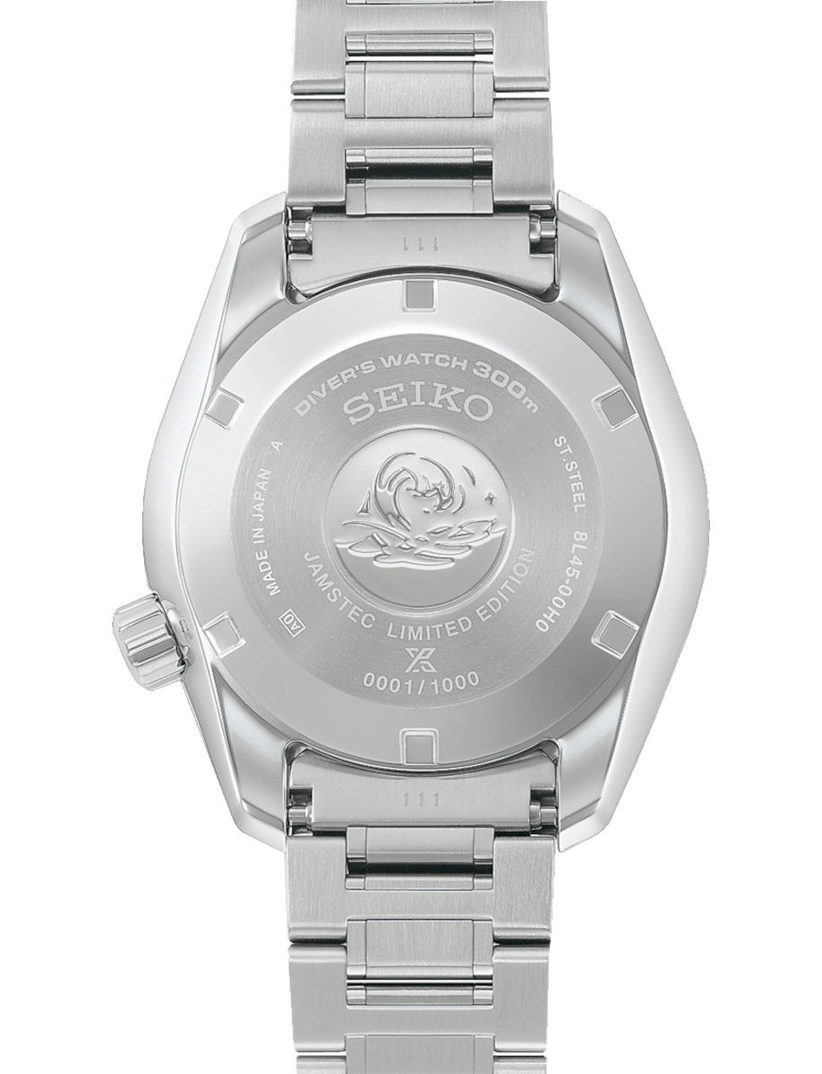 Back view of Seiko Prospex wristwatch with stainless steel case and bracelet, and blue dial.