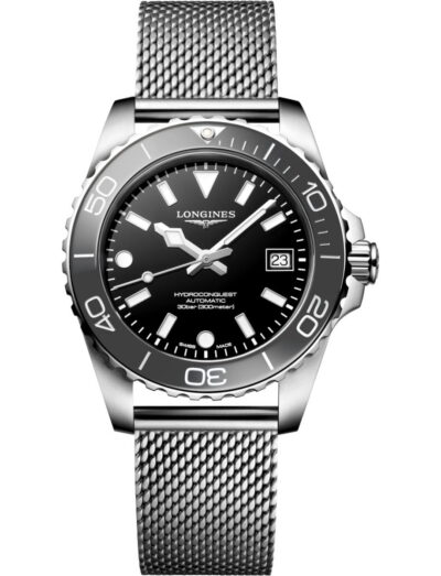Longines Hydroconquest wristwatch with stainless steel case and bracelet, and black dial. | Feldmar Watch Co. Longines Hydroconquest wristwatch with stainless steel case and bracelet, and black dial.