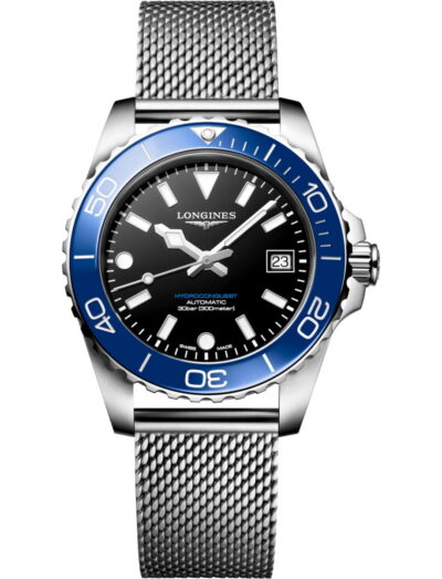 Longines Hydroconquest wristwatch with stainless steel case and bracelet, and black dial. | Feldmar Watch Co. Longines Hydroconquest wristwatch with stainless steel case and bracelet, and black dial.