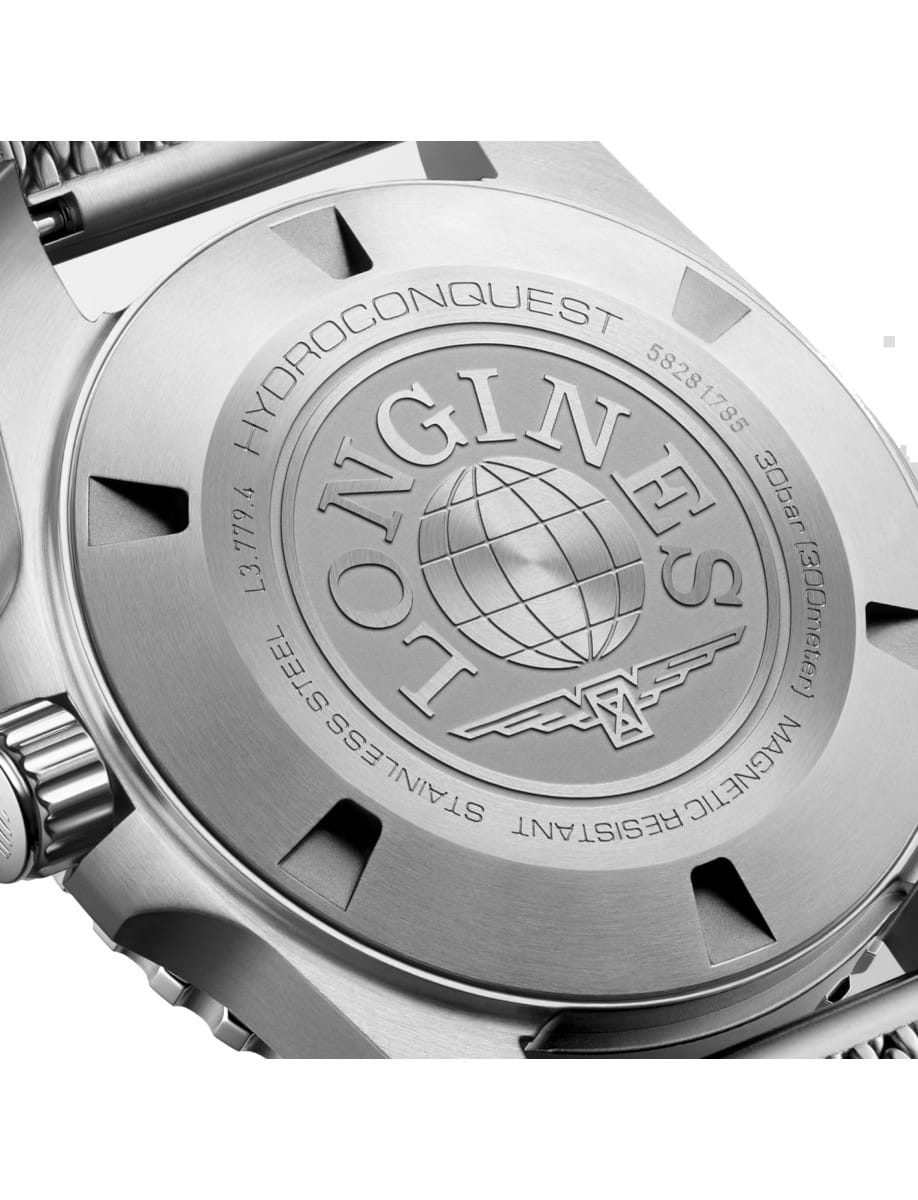 Back view of Longines Hydroconquest wristwatch with stainless steel case and bracelet, and solid caseback.