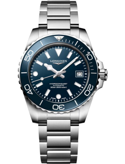Longines Hydroconquest wristwatch with stainless steel case and bracelet, and blue dial.