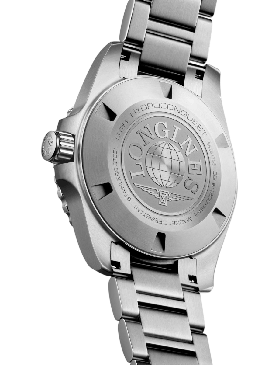 Back view of Longines Hydroconquest wristwatch with stainless steel case and bracelet, and solid case back.