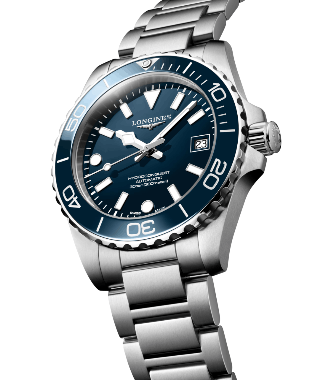 Side view of Longines Hydroconquest wristwatch with stainless steel case and bracelet, and blue dial.