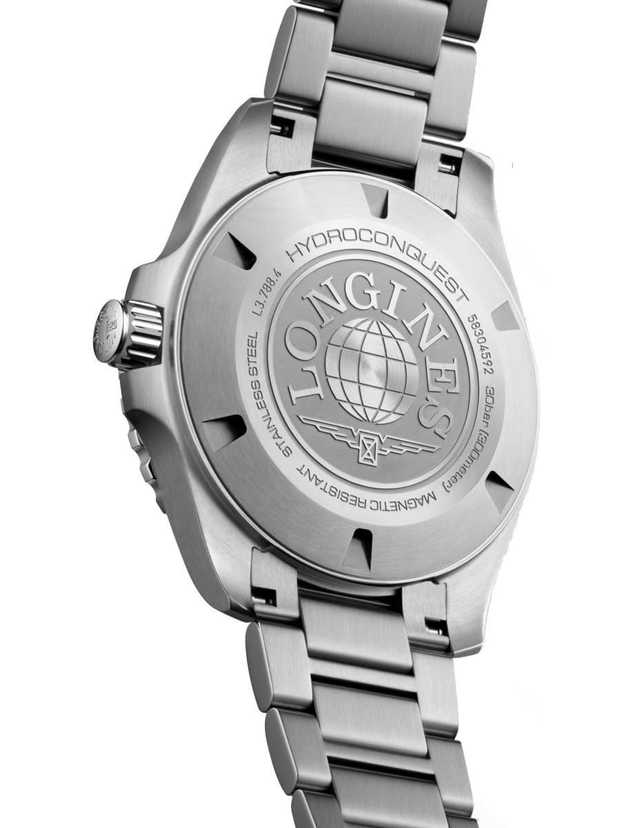 Back view of Longines Hydroconquest wristwatch with stainless steel case and bracelet, and green dial.