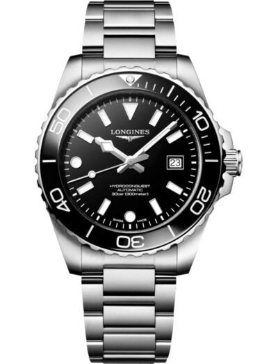 Longines Hydroconquest wristwatch with stainless steel case and bracelet, and black dial.