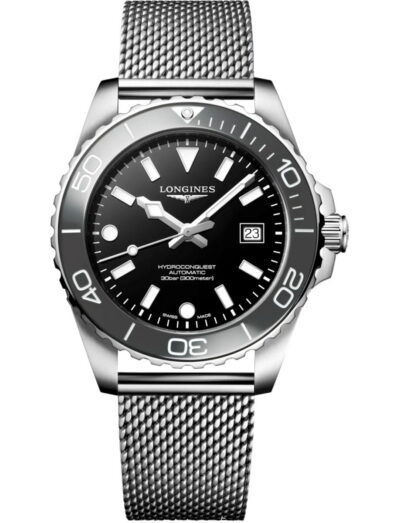 Longines Hydroconquest wristwatch with stainless steel case and bracelet, and black dial.