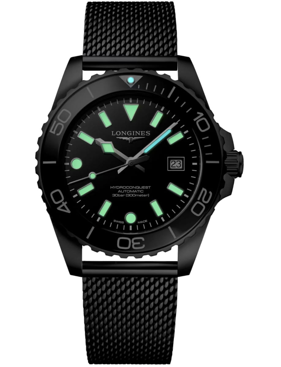 Night view of Longines Hydroconquest wristwatch with stainless steel case and bracelet, and black dial.