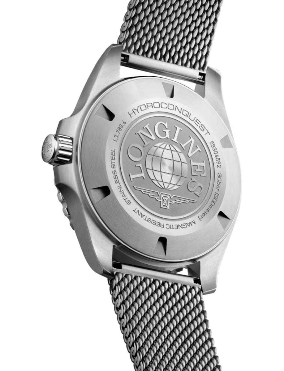 Back view of Longines Hydroconquest wristwatch with stainless steel case and bracelet, and black dial.