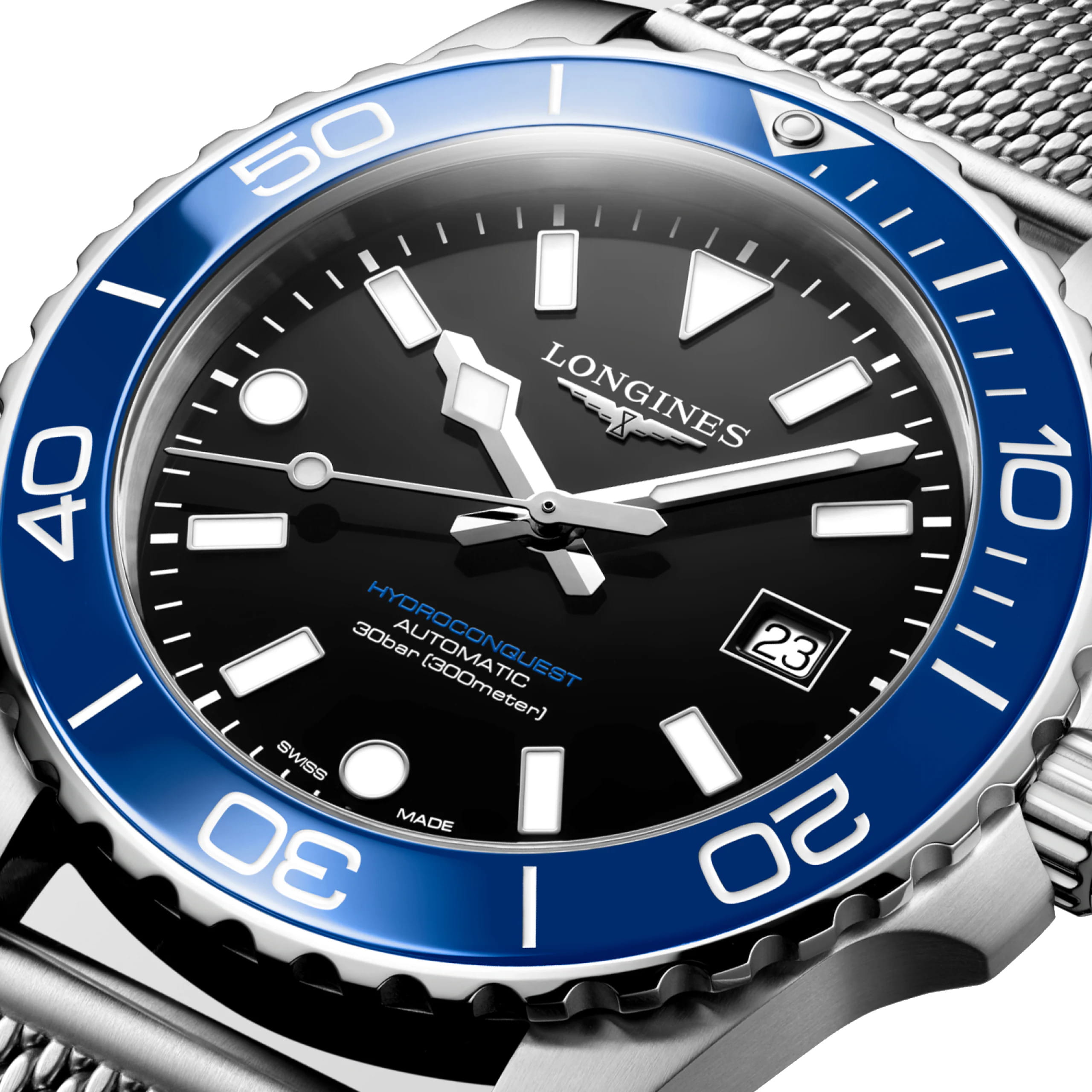 Side view of Longines Hydroconquest wristwatch with stainless steel case and bracelet, and black dial.