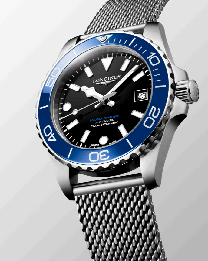 Hotlist image for Longines Hydroconquest wristwatch with stainless steel case and bracelet, and black dial.