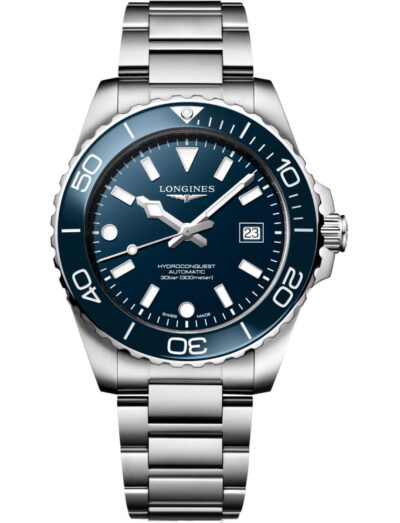 Longines Hydroconquest wristwatch with stainless steel case and bracelet, and blue dial.