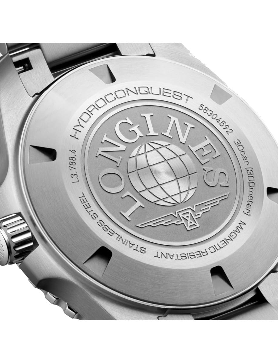 Back view of Longines Hydroconquest wristwatch with stainless steel case and bracelet, and blue dial.