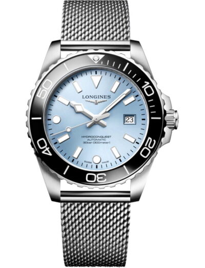 Longines Hydroconquest wristwatch with stainless steel case and bracelet, and frosted blue dial.