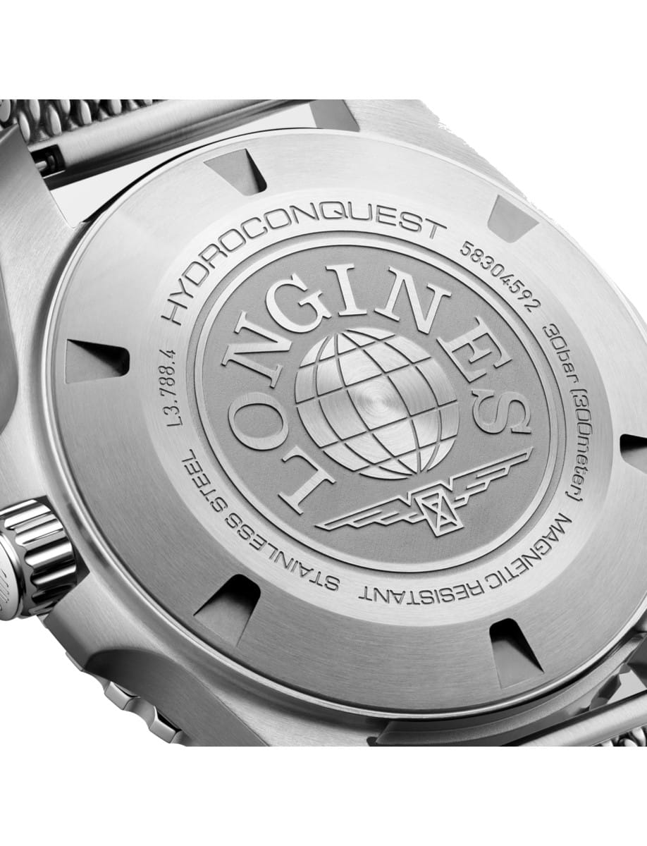 Back view of Longines Hydroconquest wristwatch with stainless steel case and bracelet, and frosted blue dial.
