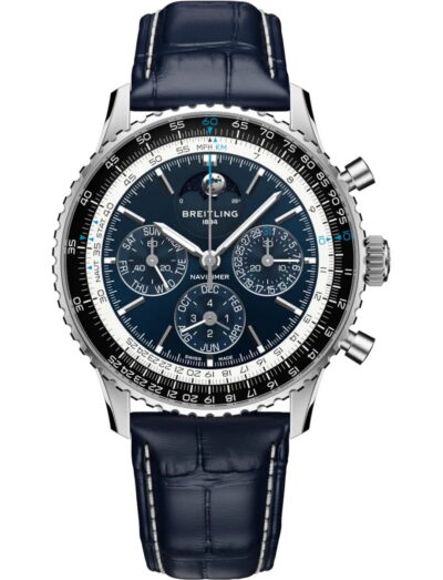 Breitling wristwatch with platinum case, deep blue dial, and blue alligator leather. | Feldmar Watch Co. Breitling wristwatch with platinum case, deep blue dial, and blue alligator leather.