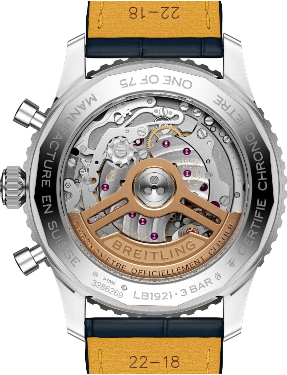 Back view of Breitling wristwatch with platinum case, open caseback, and blue alligator leather.