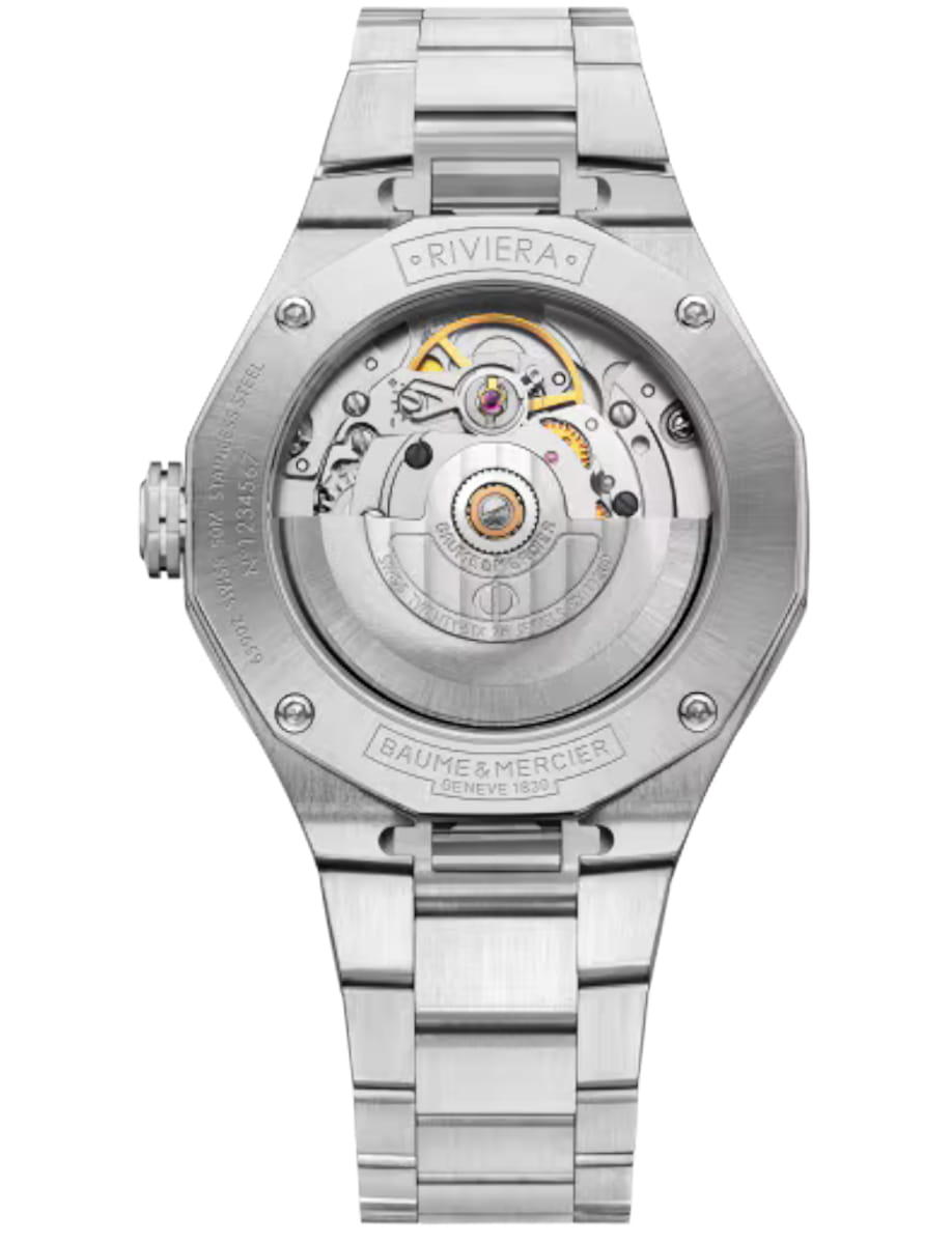 Back view of Baume & Mercier wristwatch with stainless steel case and bracelet and terracotta dial