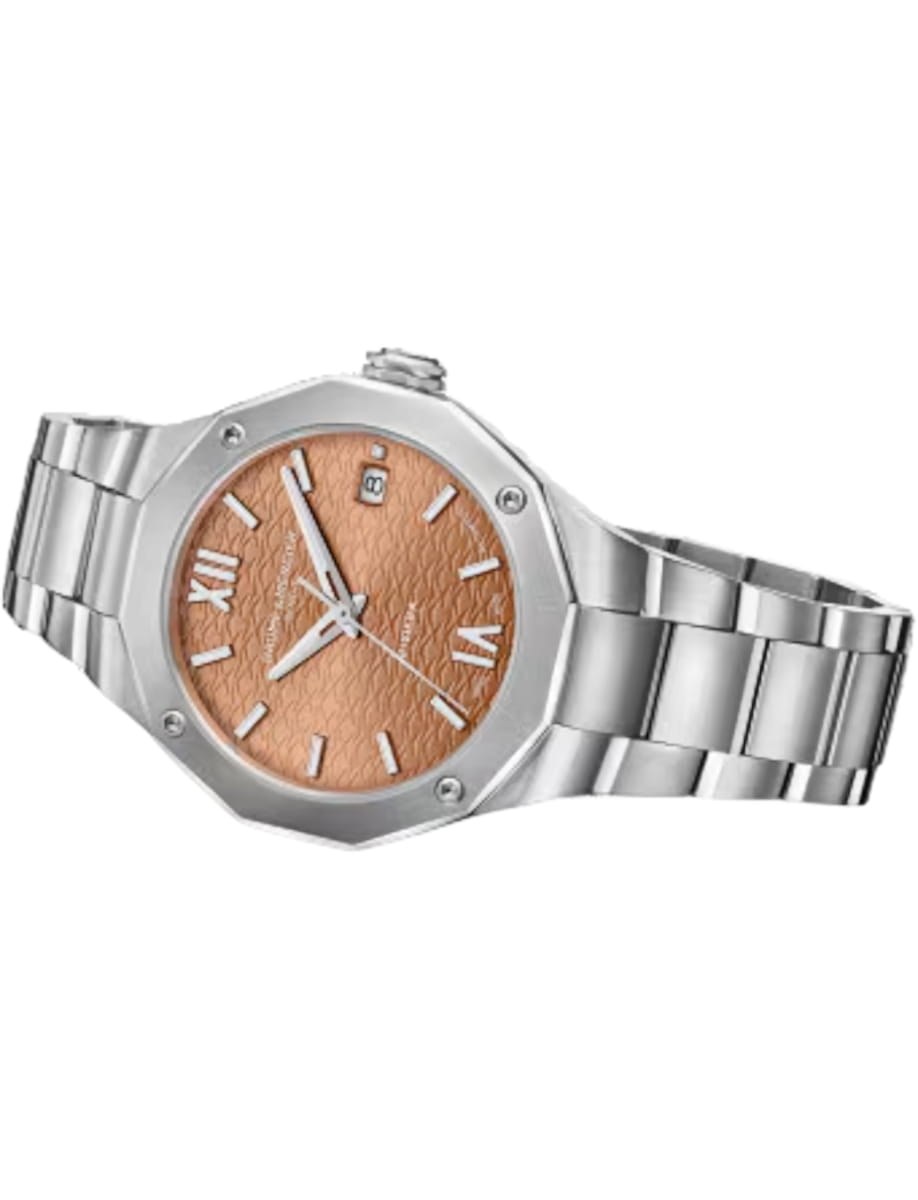 Side view of Baume & Mercier wristwatch with stainless steel case and bracelet and terracotta dial