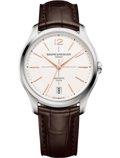 Baume & Mercier wristwatch with stainless steel case, white dial and calfskin leather strap