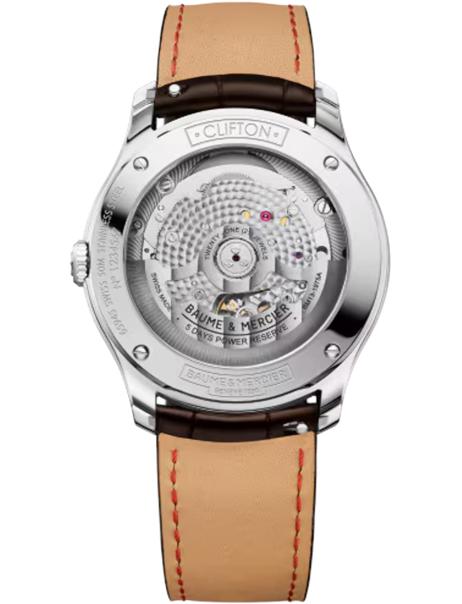 Back view of Baume & Mercier wristwatch with stainless steel case, white dial and calfskin leather strap
