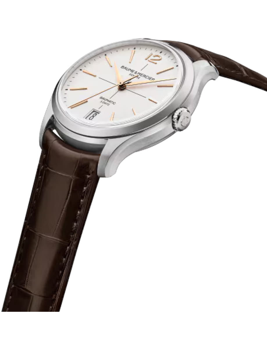 Side view of Baume & Mercier wristwatch with stainless steel case, white dial and calfskin leather strap