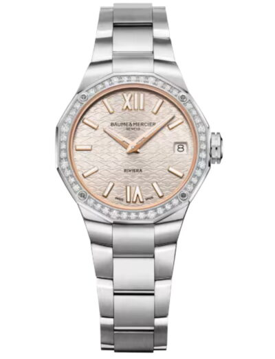 Baume & Mercier wristwatch with stainless steel case and bracelet and warm silver dial