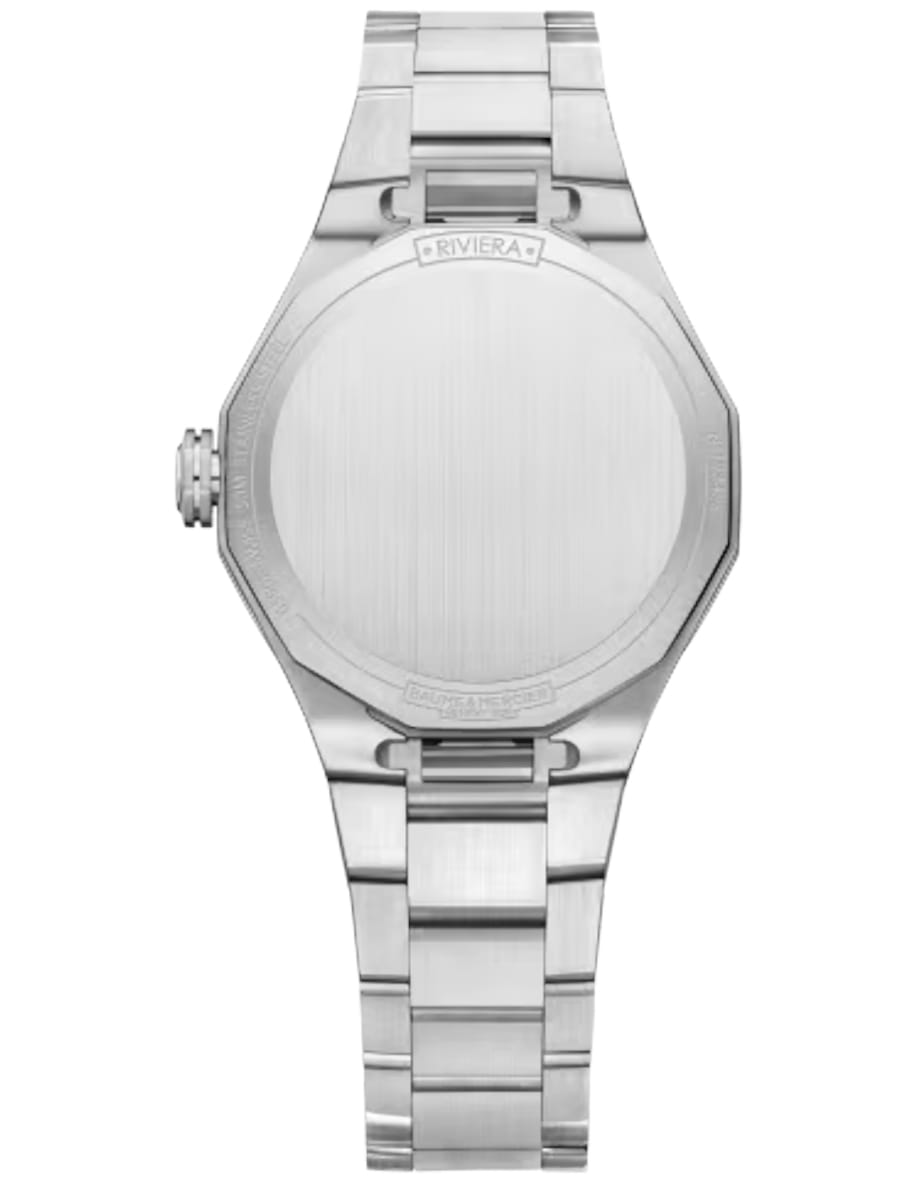Back view of Baume & Mercier wristwatch with stainless steel case and bracelet and warm silver dial