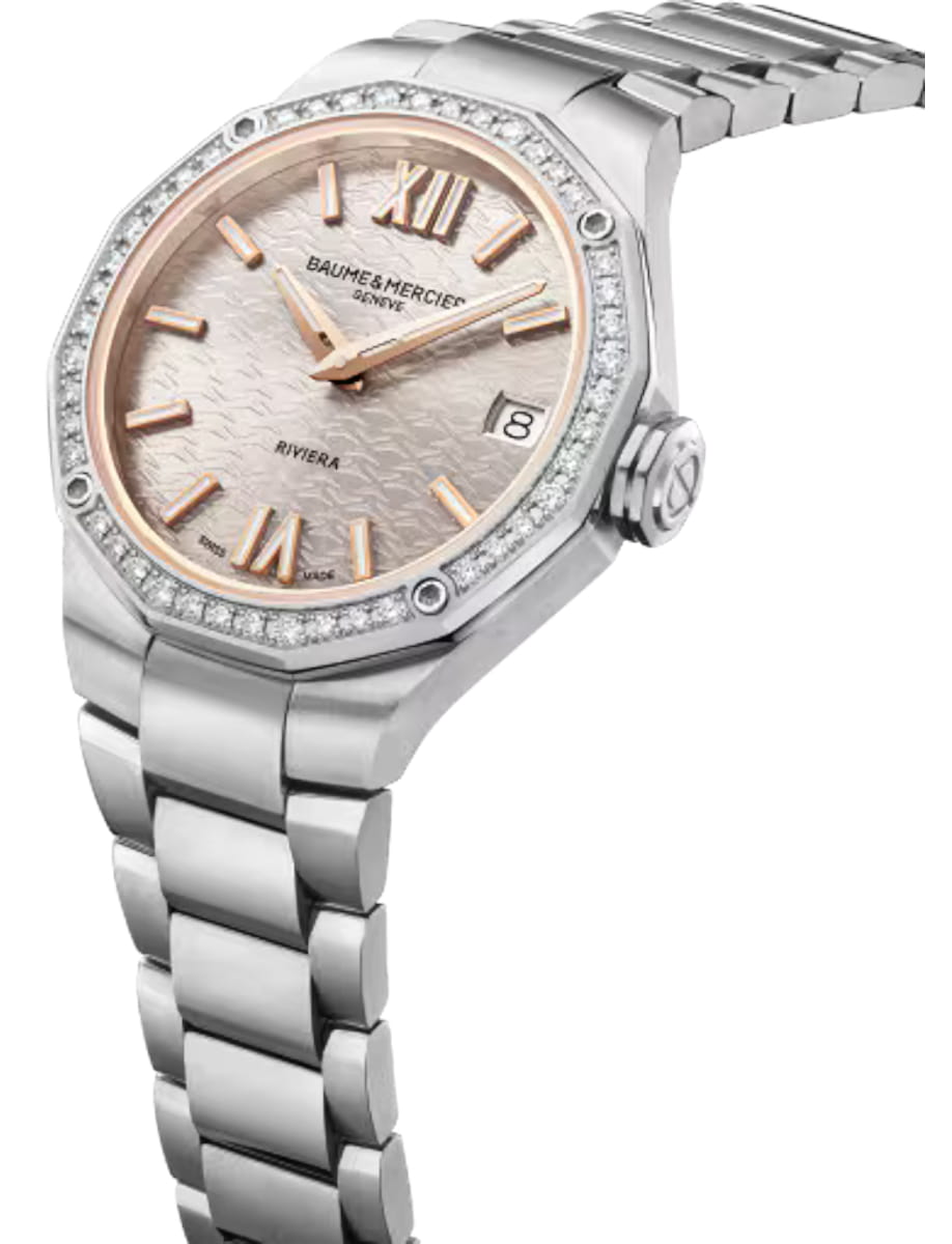 Side view of Baume & Mercier wristwatch with stainless steel case and bracelet and warm silver dial