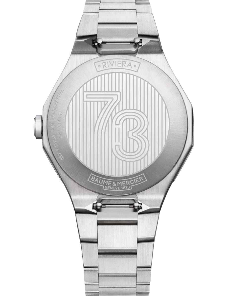 Back view of Baume & Mercier wristwatch with stainless steel case and bracelet and blue dial