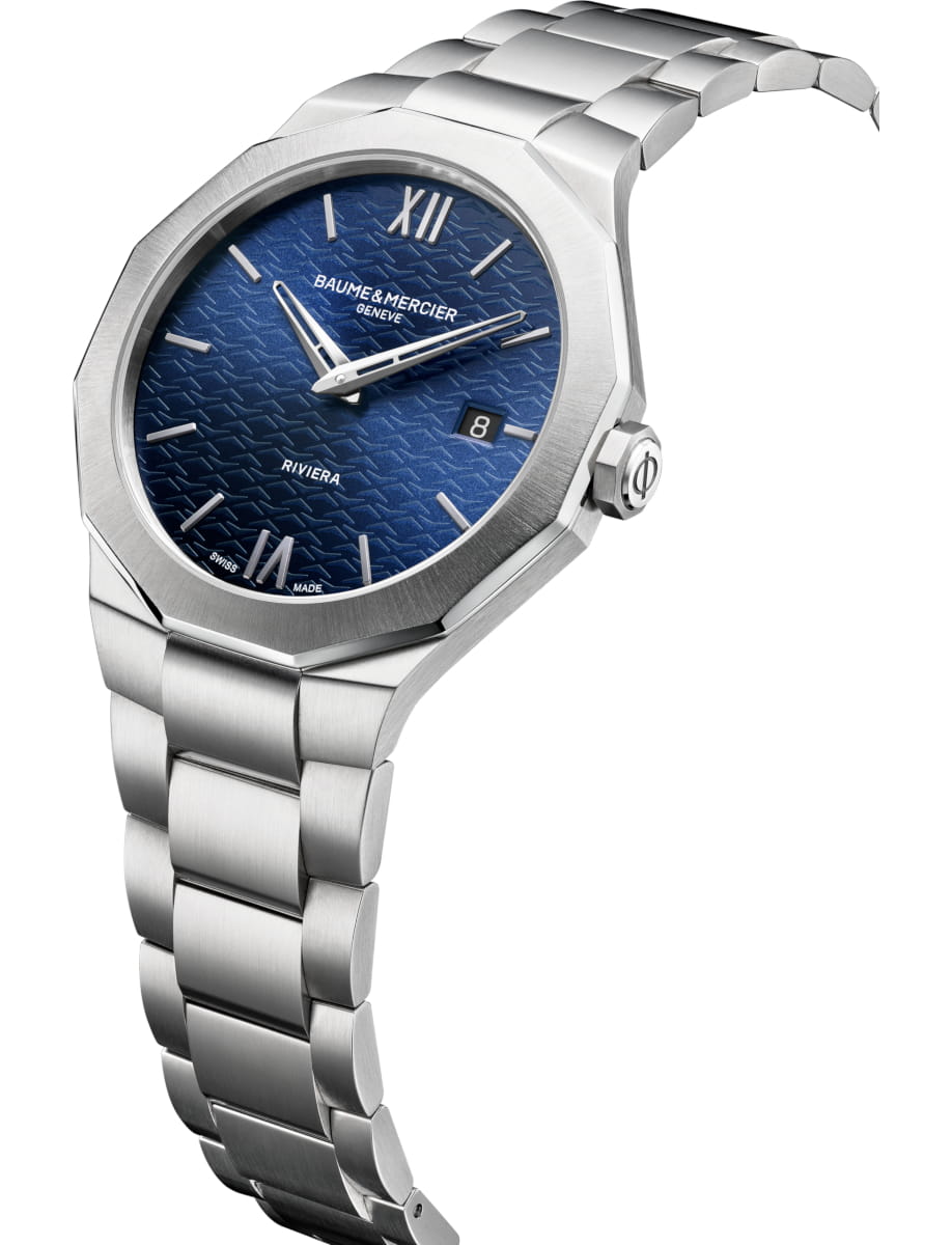 Side view of Baume & Mercier wristwatch with stainless steel case and bracelet and blue dial