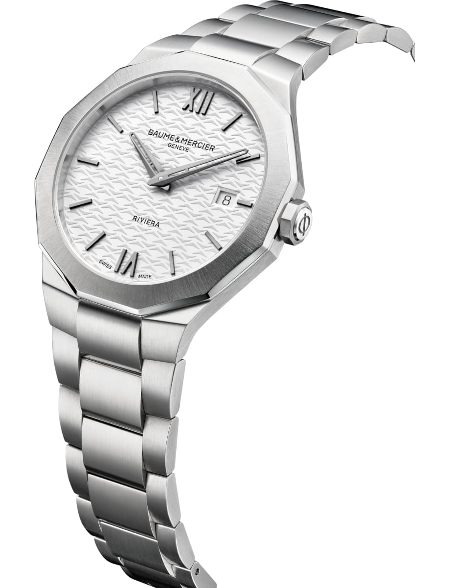 Side view of Baume & Mercier wristwatch with stainless steel case and bracelet and white dial