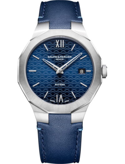 Baume & Mercier wristwatch with stainless steel case, blue dial and blue calfskin leather strap