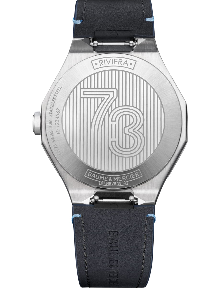 Back view of Baume & Mercier wristwatch with stainless steel case, blue dial and blue calfskin leather strap